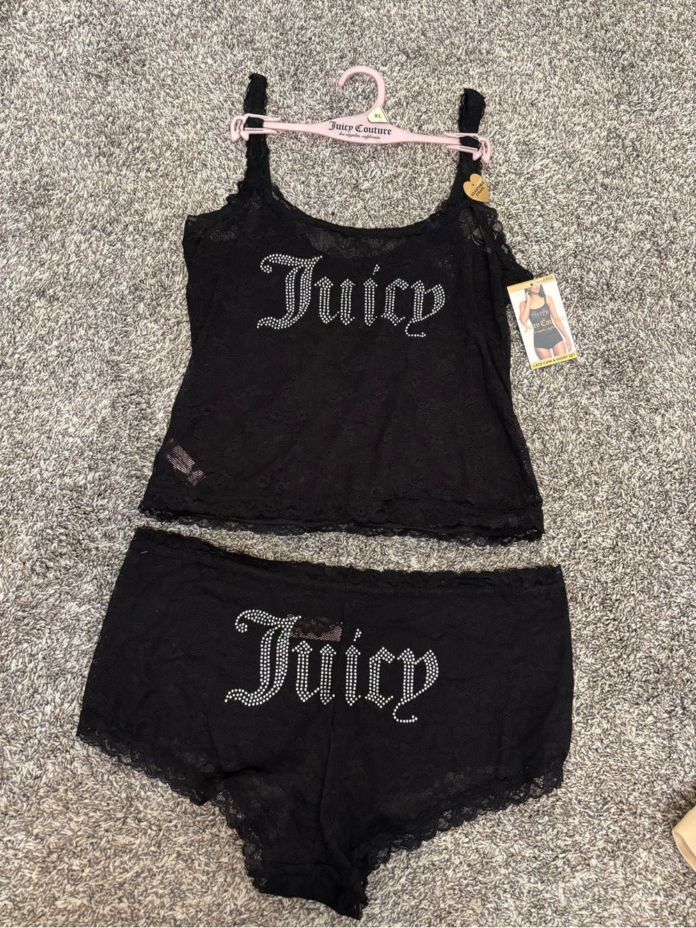 Juicy Couture Black Lace Rhinestone Tank & Shorts Set Sz XL
